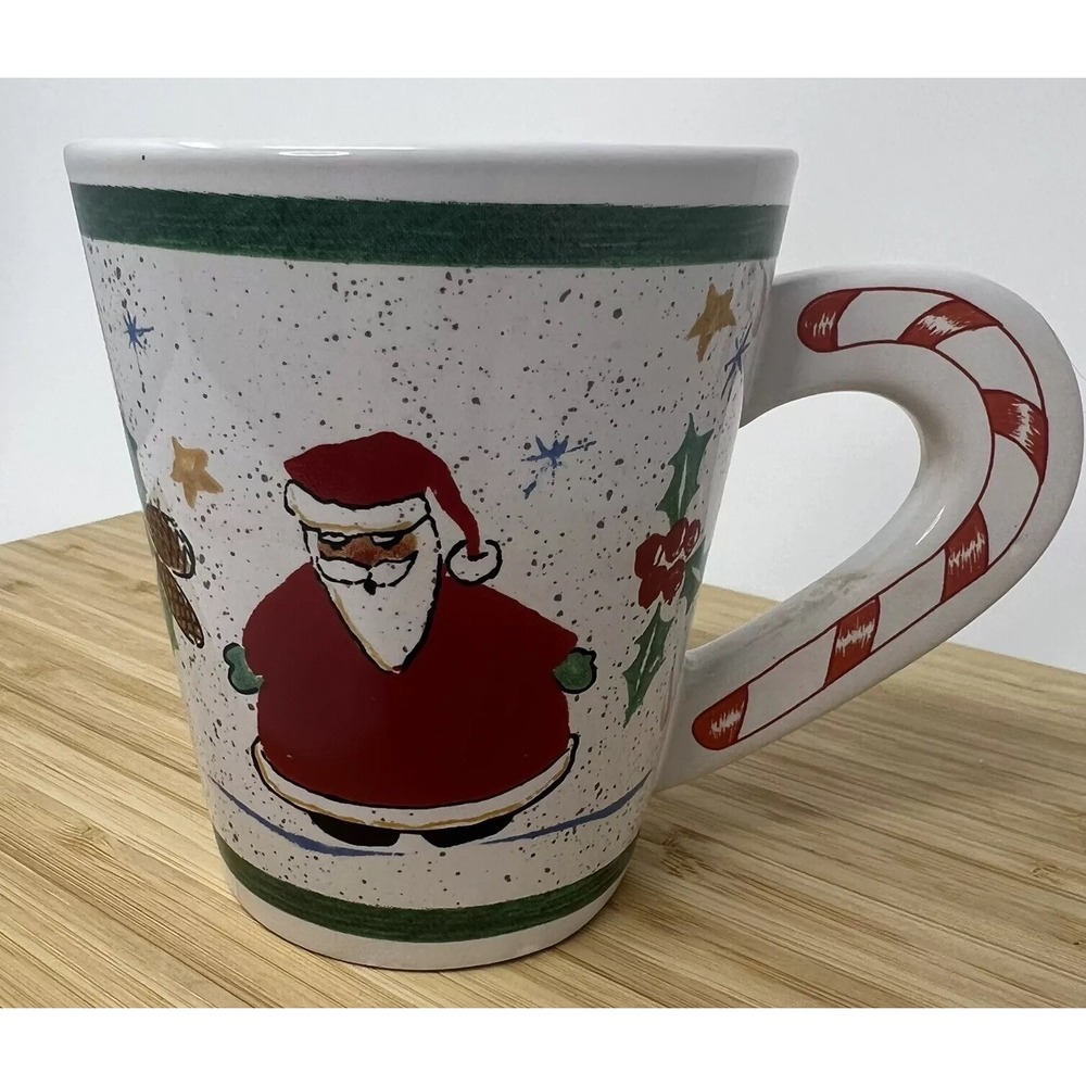 Vintage Christmas Santa‎ Mug With Candy Cane Handle Coffee Cup Holly Pinecone 4"